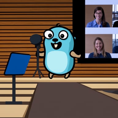 A go blue gopher speaking at a conference