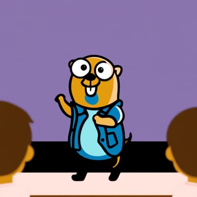 A go blue gopher speaking at a conference