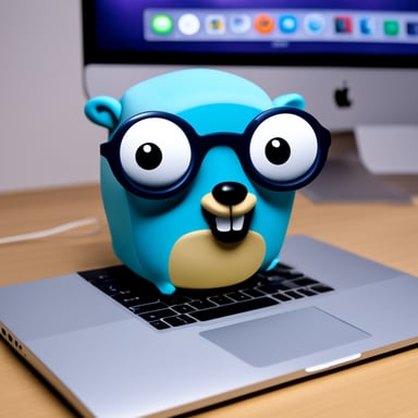 Go Blue Gopher codes seriously in front of a MacBook.