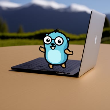 Go Blue Gopher codes seriously in front of a MacBook.