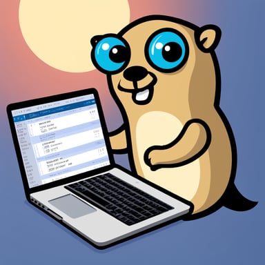 Go Blue Gopher codes seriously in front of a MacBook.