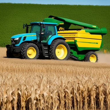 Farmer Go Blue Gopher harvesting corn on a John Deere combine tractor.