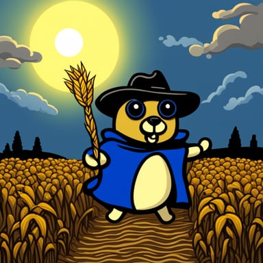 Go Blue Gopher in Rembrandt style in a corn field.
