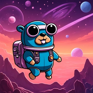 Go Blue Gopher as a space adventurer explores the vast universe, facing unknown challenges and discovering new worlds.