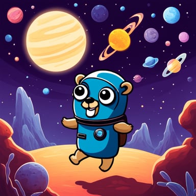 Go Blue Gopher as a space adventurer explores the vast universe, facing unknown challenges and discovering new worlds.