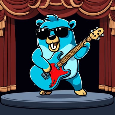Go Blue Gopher plays the bass guitar in a heavy metal version on stage.
