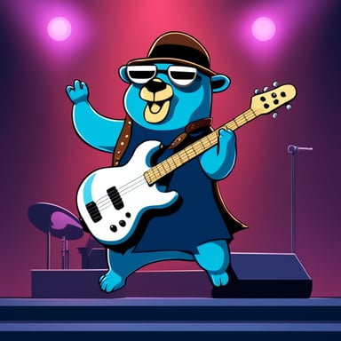 Go Blue Gopher plays the bass guitar in a heavy metal version on stage.