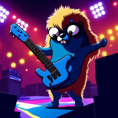 Go Blue Gopher plays the bass guitar in a heavy metal version on stage.