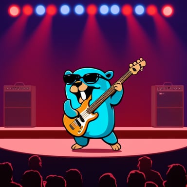 Go Blue Gopher plays the bass guitar in a heavy metal version on stage.