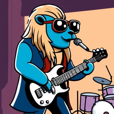 Go Blue Gopher plays the bass guitar in a heavy metal version on stage with long hair.
