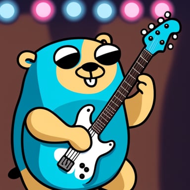 Go Blue Gopher plays the bass guitar in a heavy metal version on stage with long hair.