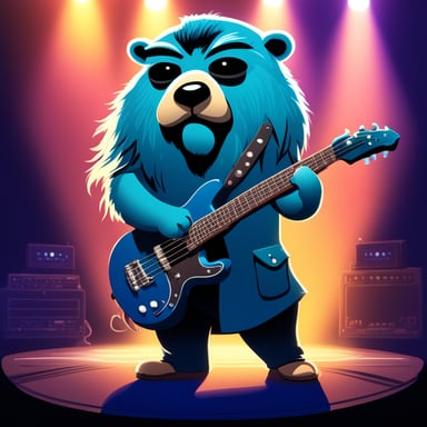Go Blue Gopher plays the bass guitar in a heavy metal version on stage with long hair.