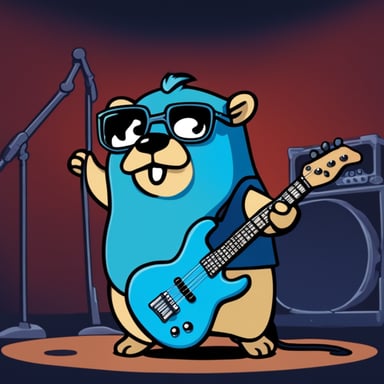 Go Blue Gopher plays the bass guitar in a heavy metal version on stage with long hair.