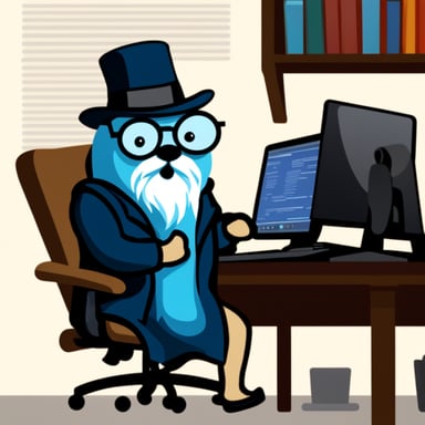 Go Blue Gopher, with a long guru white beard, hacking on a computer.