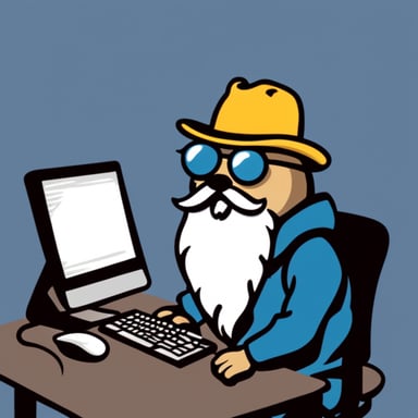Go Blue Gopher, with a long guru white beard, hacking on a computer.