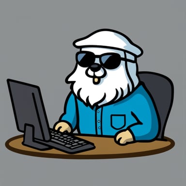 Go Blue Gopher, with a long guru white beard, hacking on a computer.