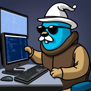 Go Blue Gopher, with a long guru white beard, hacking on a computer.
