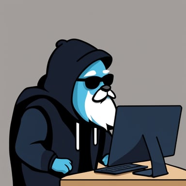 Go Blue Gopher, with a long guru white beard, is seen hacking on a computer while wearing a black hoodie.