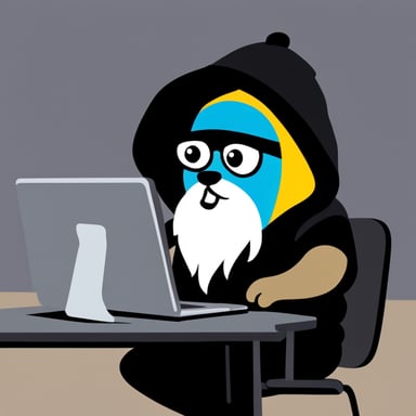 Go Blue Gopher, with a long guru white beard, is seen hacking on a computer while wearing a black hoodie.