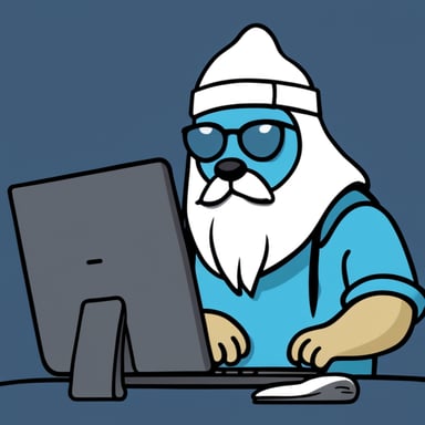 Go Blue Gopher, with a long guru white beard, is seen hacking on a computer while wearing a black hoodie.
