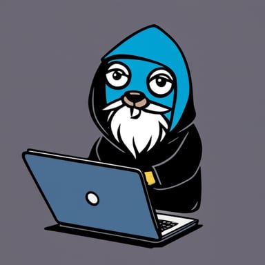 Go Blue Gopher, with a long guru white beard, is seen hacking on a computer while wearing a black hoodie.