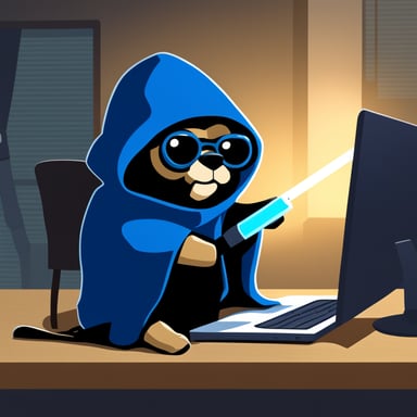 Go Blue Gopher as a Jedi is seen hacking on a computer while wearing a black hoodie.
