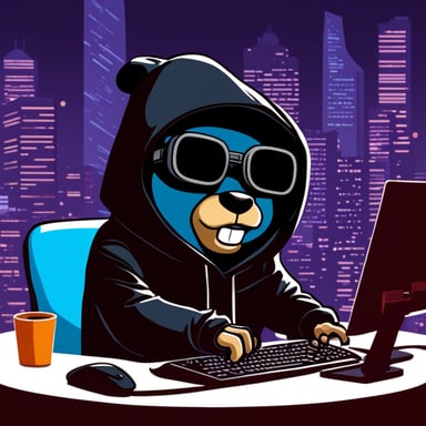 Go Blue Gopher as a crypto cyberpunk is seen hacking on a computer while wearing a black hoodie.