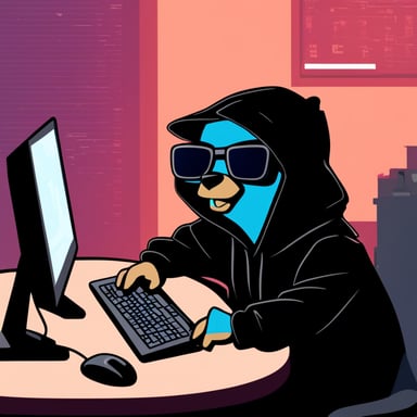 Go Blue Gopher, as a cyberpunk, is seen hacking on a computer while wearing a black hoodie.