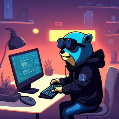 Go Blue Gopher, as a cyberpunk, is seen hacking on a computer while wearing a black hoodie.