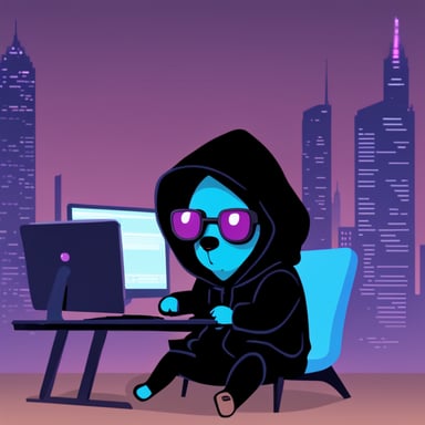 Go Blue Gopher, as a cyberpunk, is seen hacking on a computer while wearing a black hoodie.