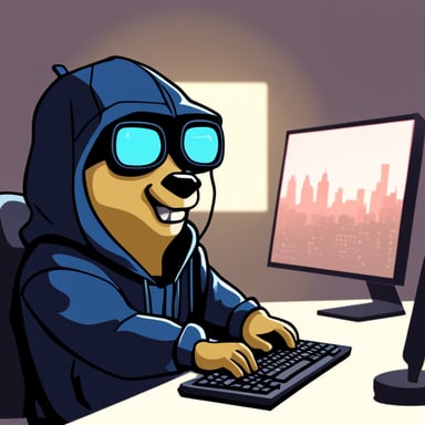 Go Blue Gopher, as a cyberpunk, is seen hacking on a computer while wearing a black hoodie.