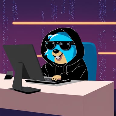 Go Blue Gopher, as a cyberpunk, is seen hacking on a computer while wearing a black hoodie.