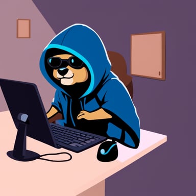 Go Blue Gopher, as a cyberpunk, is seen hacking on a computer while wearing a black hoodie.