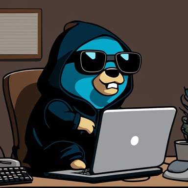 Go Blue Gopher, as a cyberpunk, is seen hacking on a computer while wearing a black hoodie.