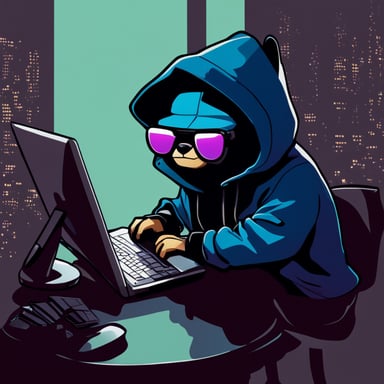 Go Blue Gopher, as a cyberpunk, is seen hacking on a computer while wearing a black hoodie.