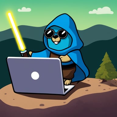 Go Blue Gopher as a Jedi handling a lightsaber is seen hacking on a computer on top of a hill.