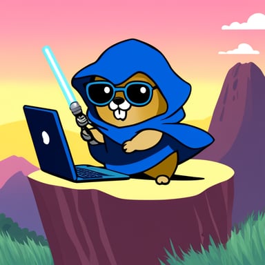 Go Blue Gopher as a Jedi handling a lightsaber is seen hacking on a computer on top of a hill.