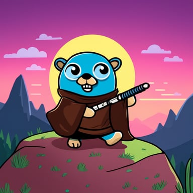 Go Blue Gopher as a Jedi handling a lightsaber is seen hacking on a computer on top of a hill.