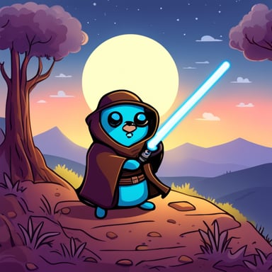 Go Blue Gopher as a Jedi handling a lightsaber is seen hacking on a computer on top of a hill.