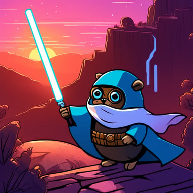 Go Blue Gopher as a cyberpunk Jedi with a lightsaber hacks on a computer atop a hill.