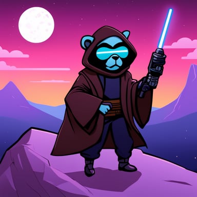 Go Blue Gopher as a cyberpunk Jedi with a lightsaber hacks on a computer atop a hill.