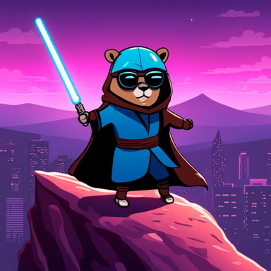 Go Blue Gopher as a cyberpunk Jedi with a lightsaber hacks on a computer atop a hill.