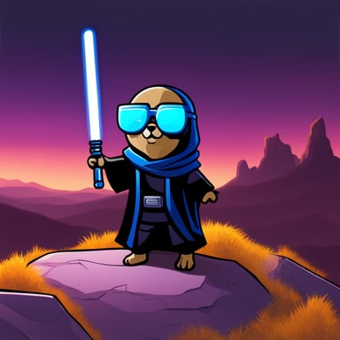 Go Blue Gopher as a cyberpunk Jedi with a lightsaber hacks on a computer atop a hill.