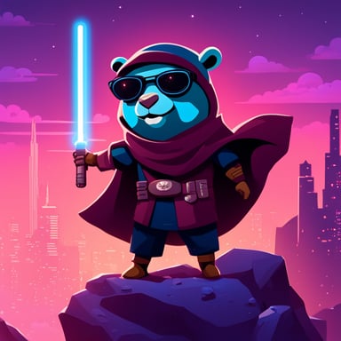Go Blue Gopher as a cyberpunk Jedi with a lightsaber atop a hill.