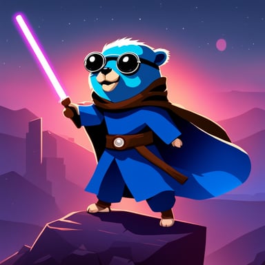 Go Blue Gopher as a cyberpunk Jedi with a lightsaber atop a hill.
