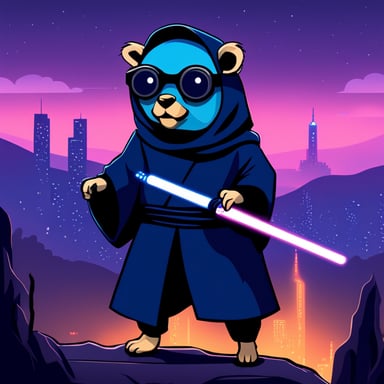 Go Blue Gopher as a cyberpunk Jedi with a lightsaber atop a hill.
