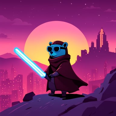 Go Blue Gopher as a cyberpunk Jedi with a lightsaber atop a hill.