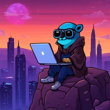 Go Blue Gopher as a cyberpunk Jedi atop a hill is holding a computer on his lap.