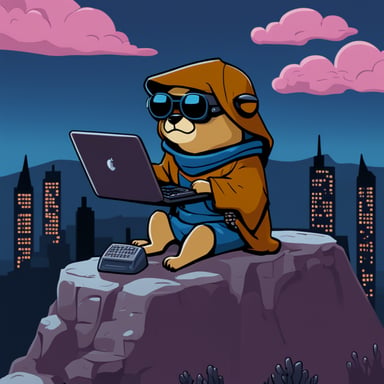 Go Blue Gopher as a cyberpunk Jedi atop a hill is holding a computer on his lap.