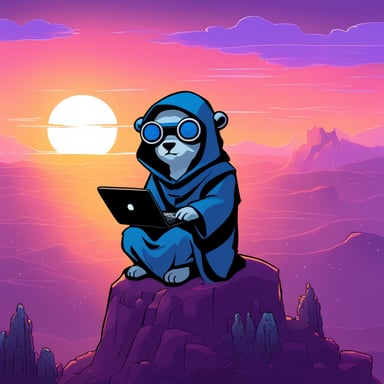 Go Blue Gopher as a cyberpunk Jedi atop a hill is holding a computer on his lap.